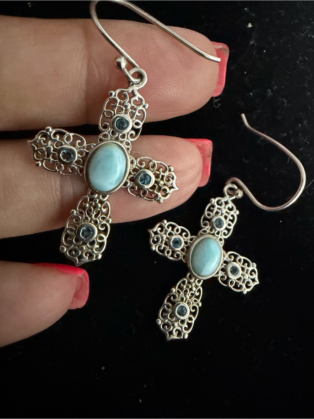 925 Sterling silver BBJ larimar and blue topaz cross earrings